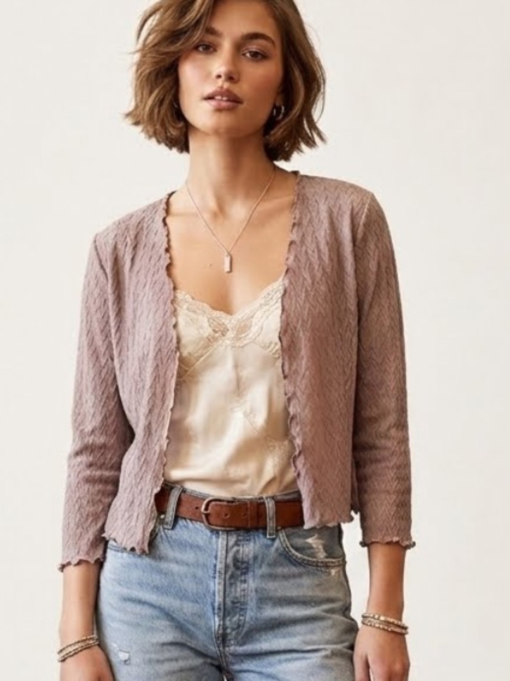Komarov 90s Y2K Lace Cardigan Shrug Open Front Romantic Ethereal Soft Girl Med